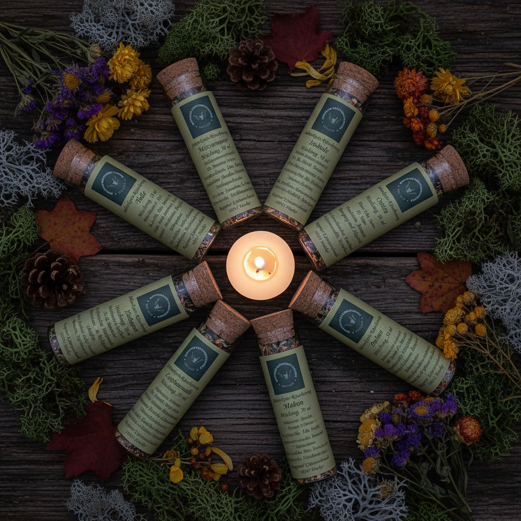 Jahreskreis-Räucherungen 8er-Set – Stimmungsvolles Lifestyle-Bild mit 8 Kräutergläsern auf dunklem Holz