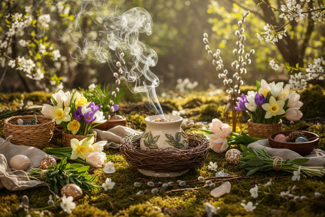 Ostarasymbole mit Räucherung, die gerade abbrennt