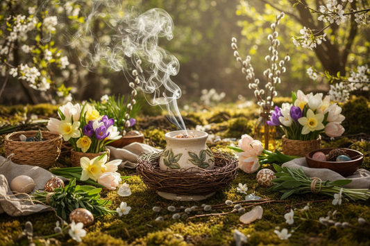 Ostarasymbole mit Räucherung, die gerade abbrennt